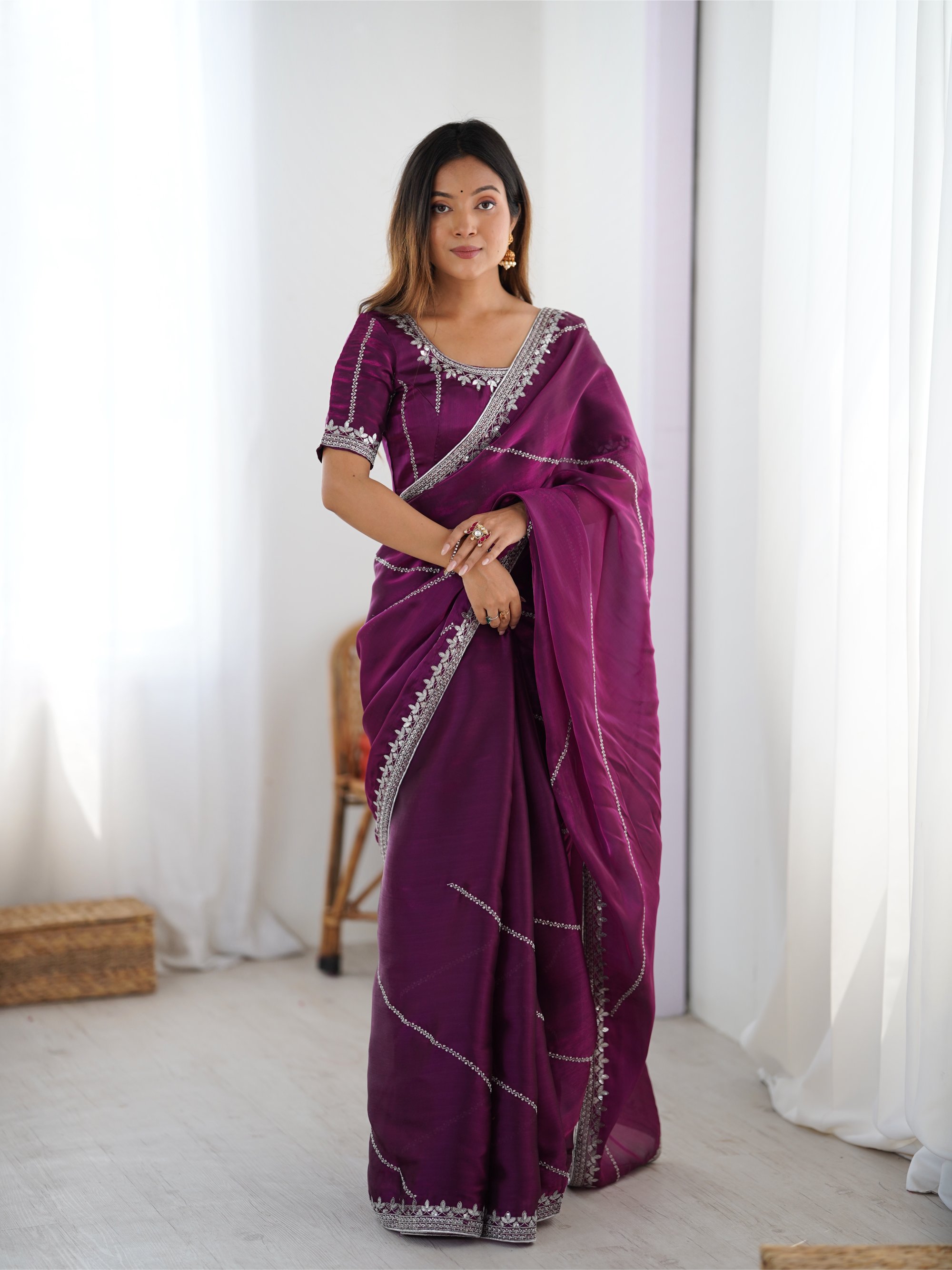 Purple Thread N Sequence Embroidered Heavy Jimmy Choo Silk Saree