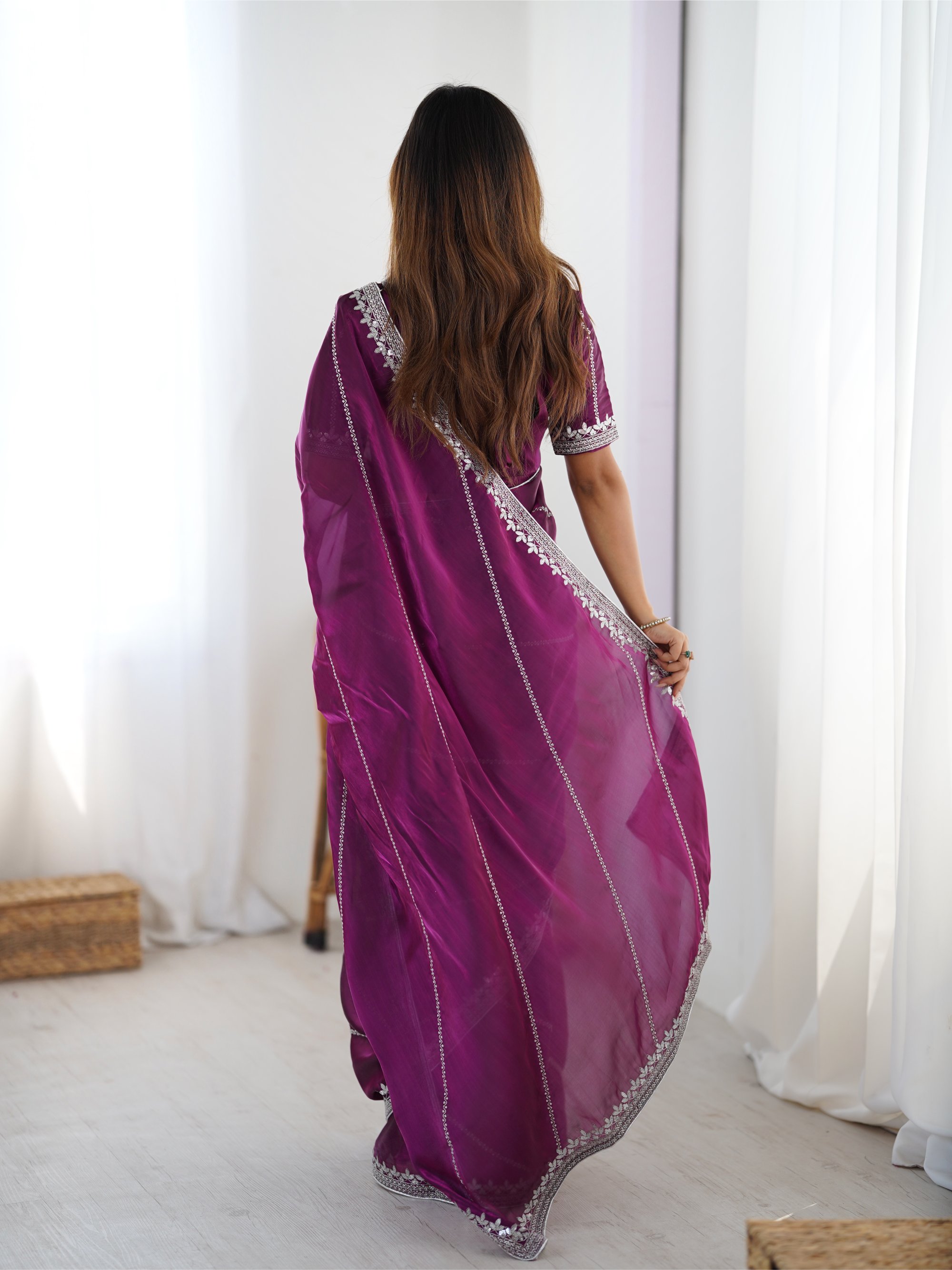 Purple Thread N Sequence Embroidered Heavy Jimmy Choo Silk Saree — alternate view
