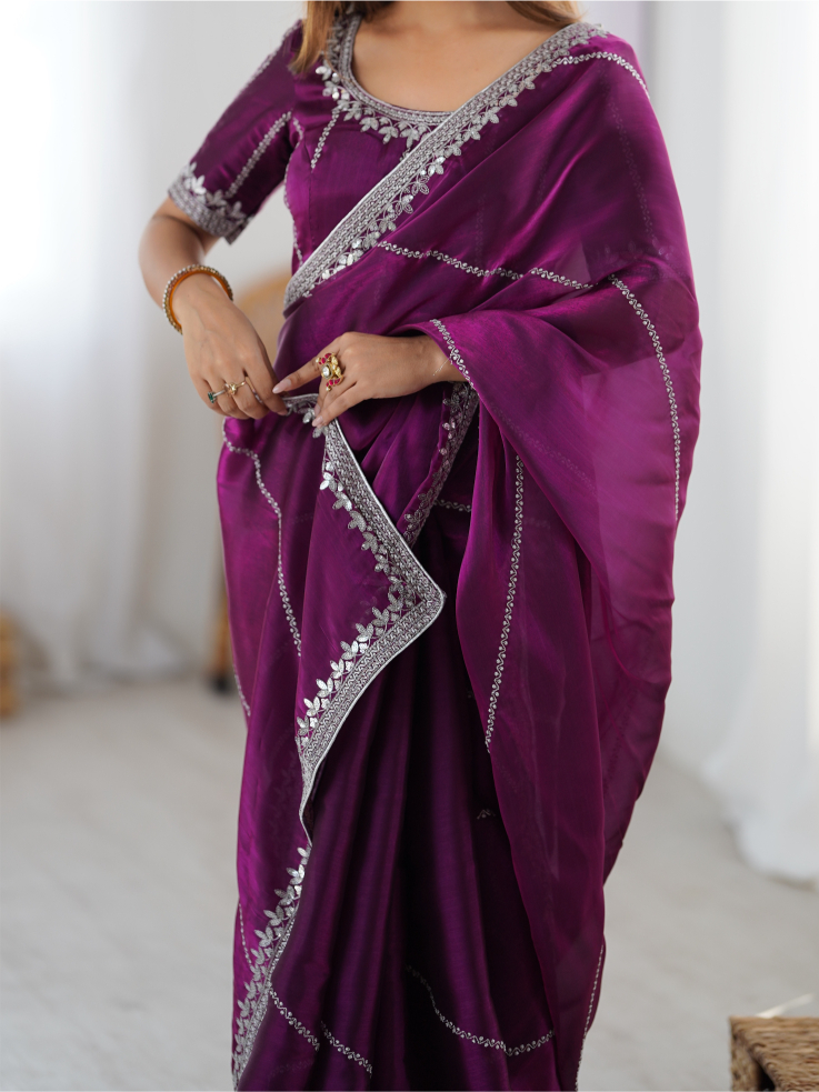 Purple Thread N Sequence Embroidered Heavy Jimmy Choo Silk Saree