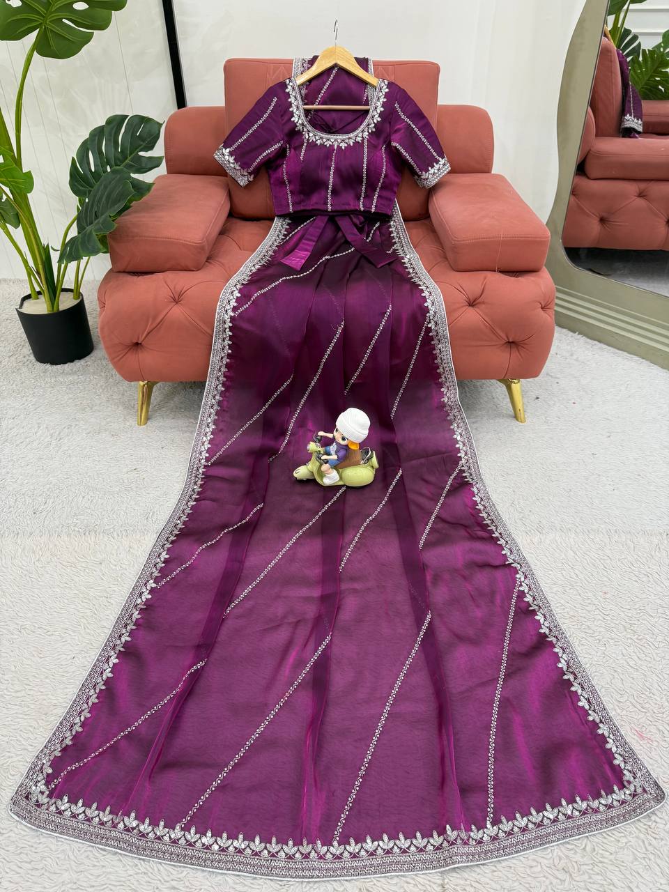 Purple Thread N Sequence Embroidered Heavy Jimmy Choo Silk Saree