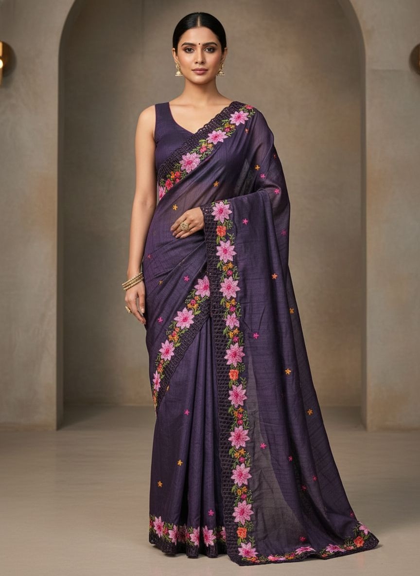 Purple Thread Sequins Manipuri Silk Saree