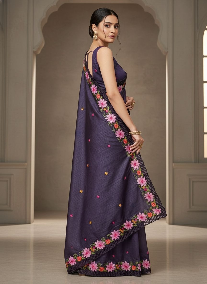 Purple Thread Sequins Manipuri Silk Saree — alternate view