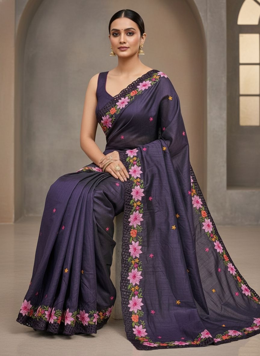 Purple Thread Sequins Manipuri Silk Saree