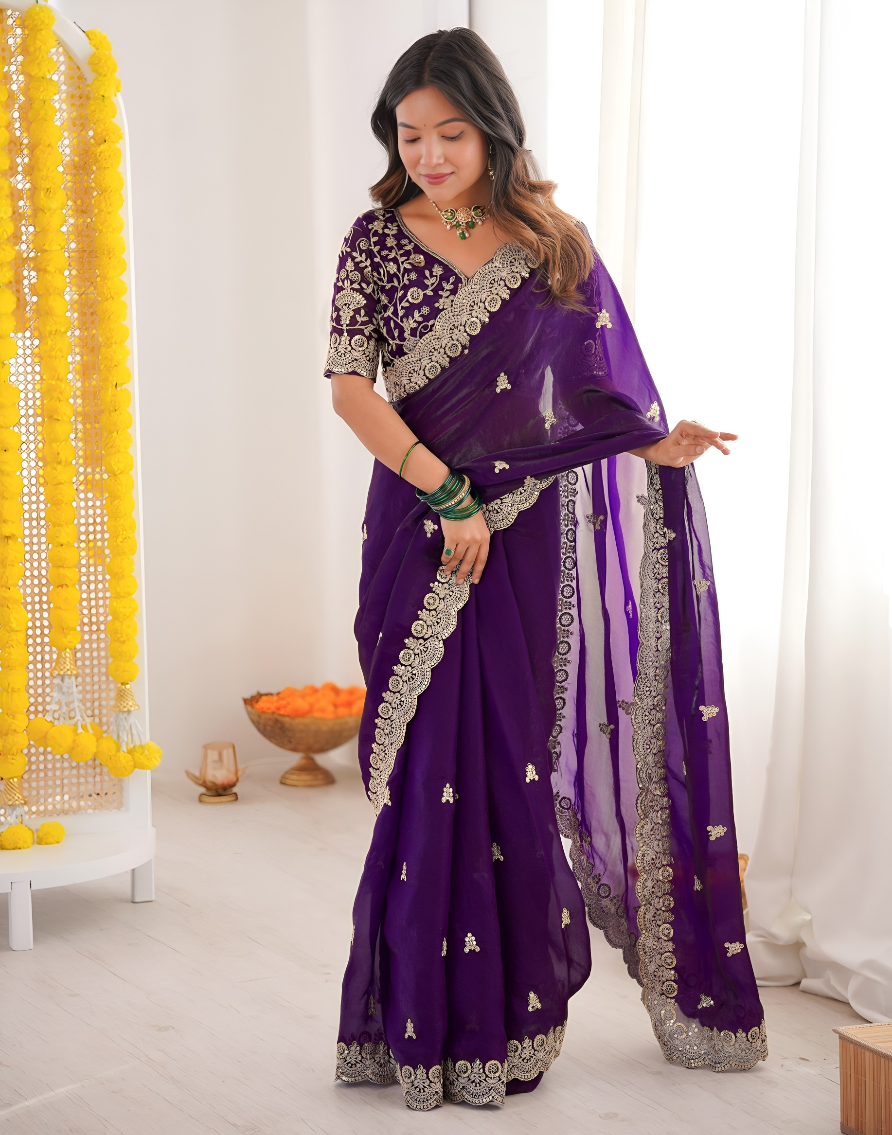 Purple Threadwork Fendy Satin Silk Saree