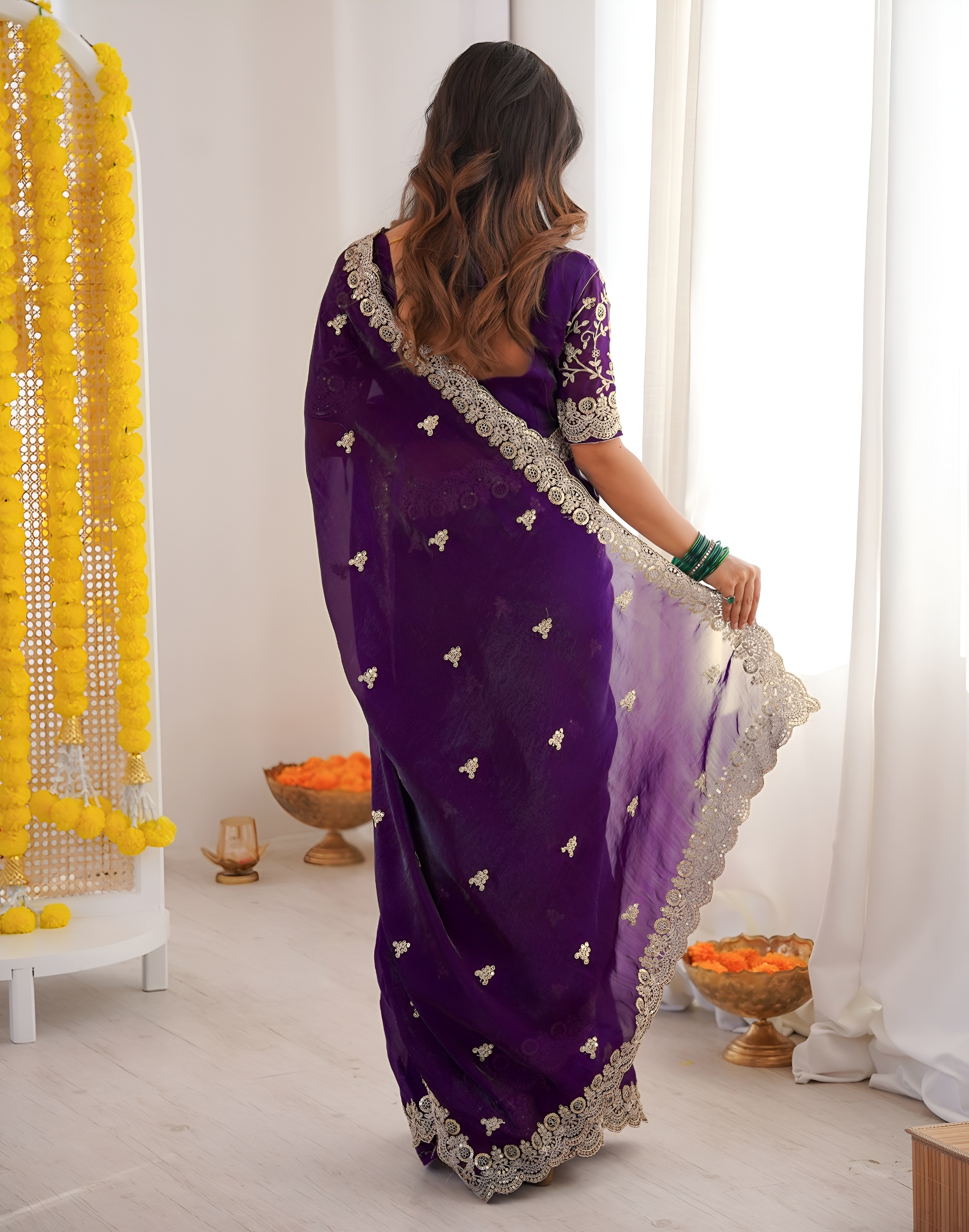 Purple Threadwork Fendy Satin Silk Saree — alternate view
