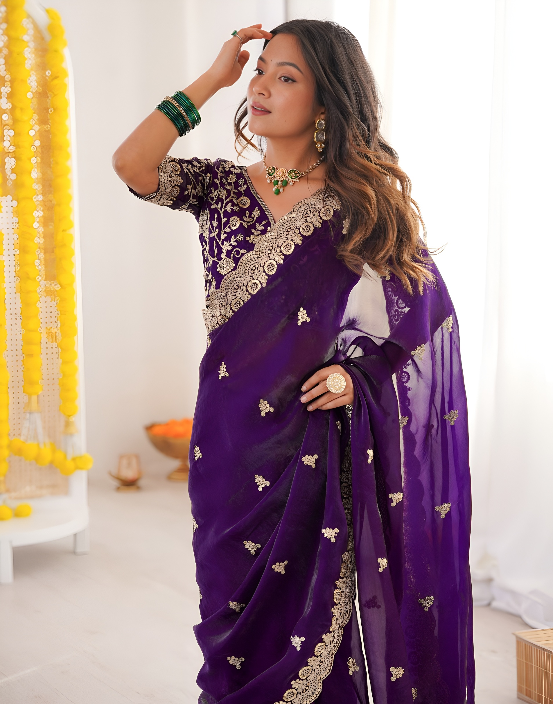 Purple Threadwork Fendy Satin Silk Saree