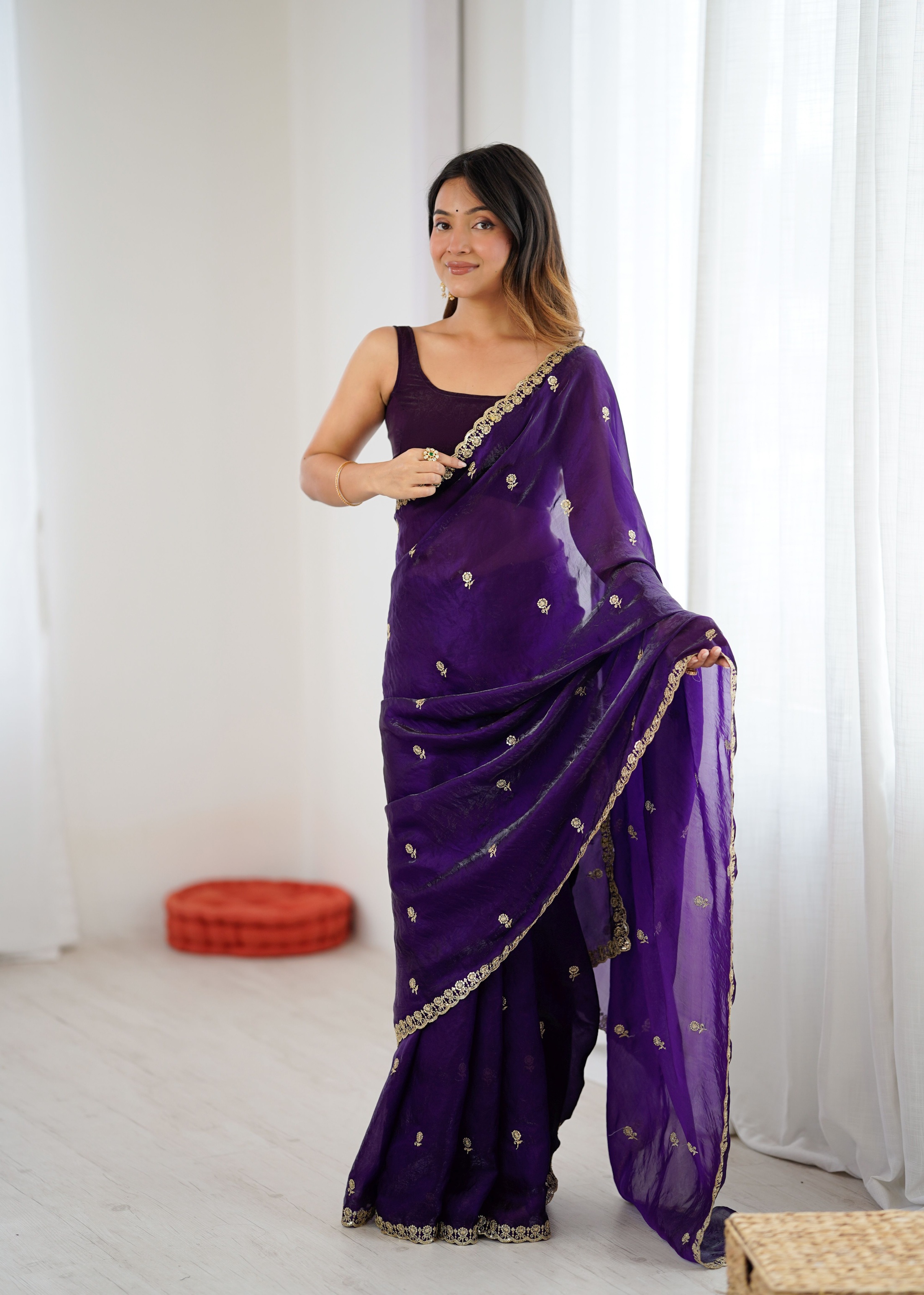 Purple Two Tone Embroidered Fendy Satin Saree