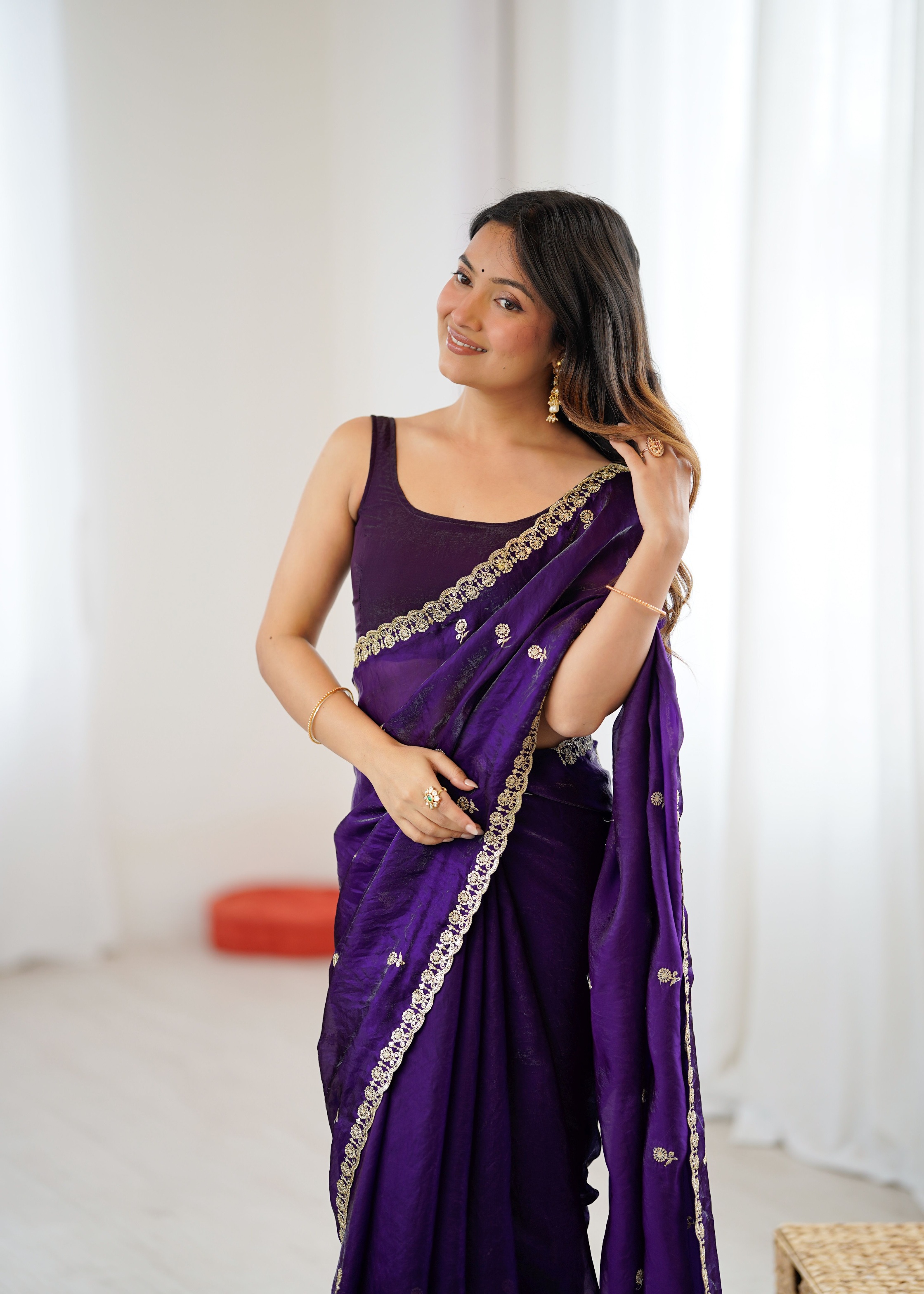 Purple Two Tone Embroidered Fendy Satin Saree