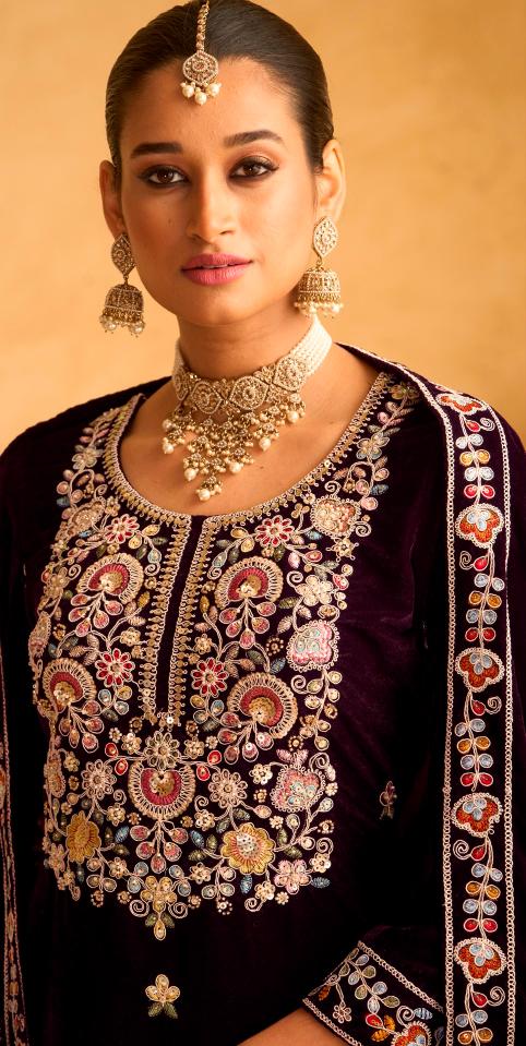 Purple Velvet Designer Embroidery Palazzo Suit — alternate view