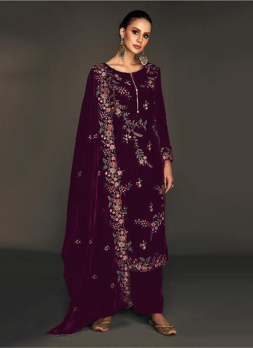 Purple Velvet Embroidered Palazzo Suit