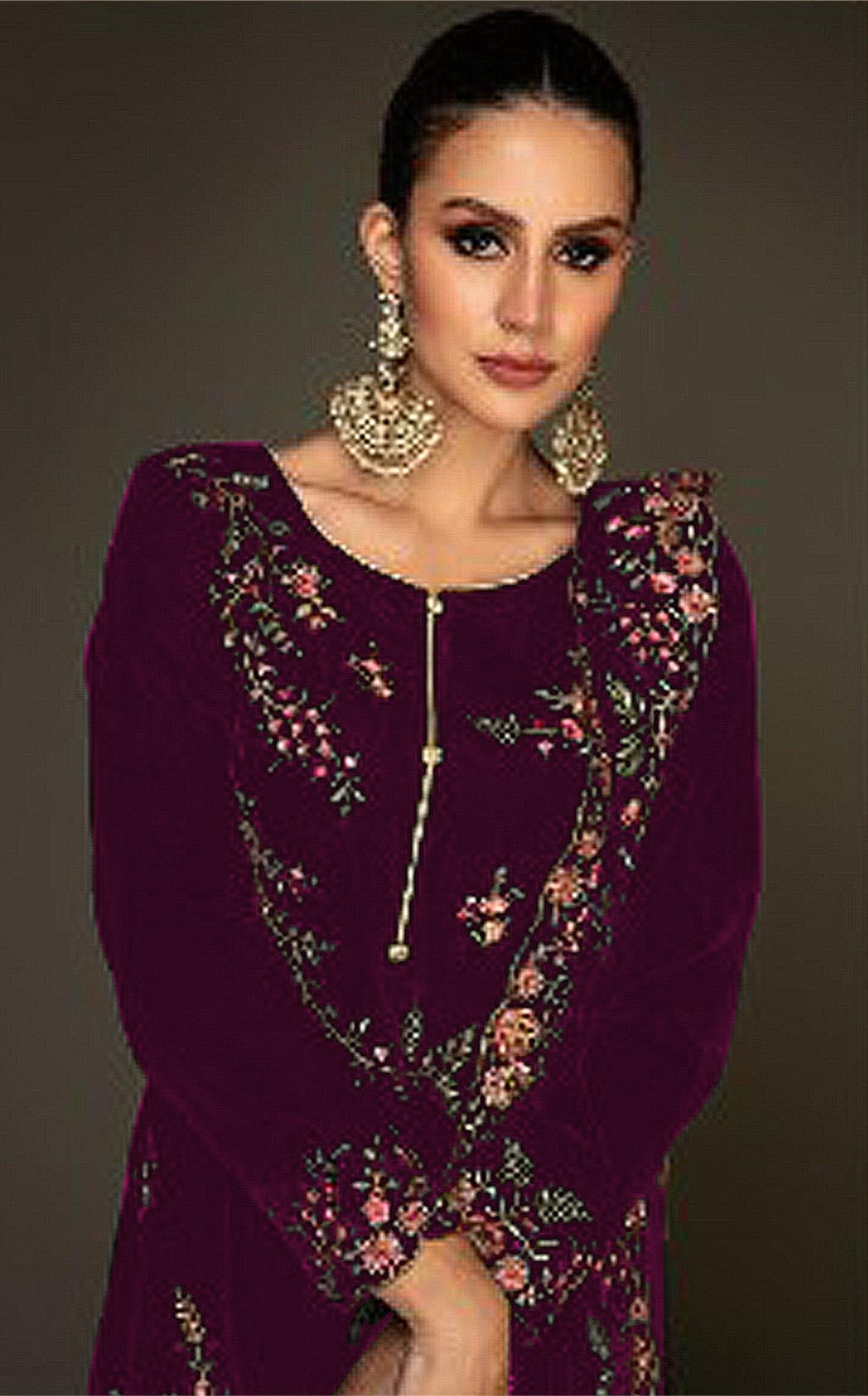 Purple Velvet Embroidered Palazzo Suit — alternate view