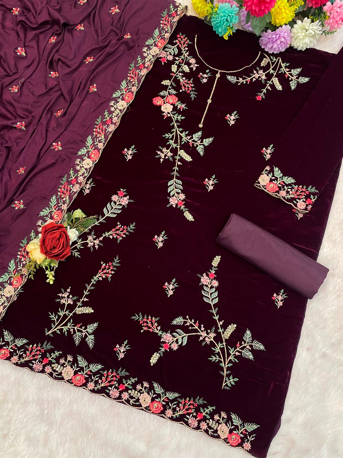 Purple Velvet Embroidered Palazzo Suit