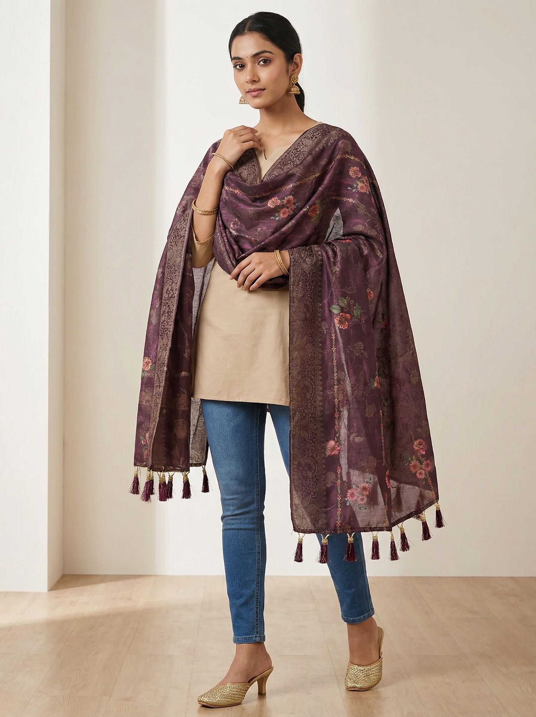 Purple Vintage Rose Print Jacquard Silk Designer Dupatta