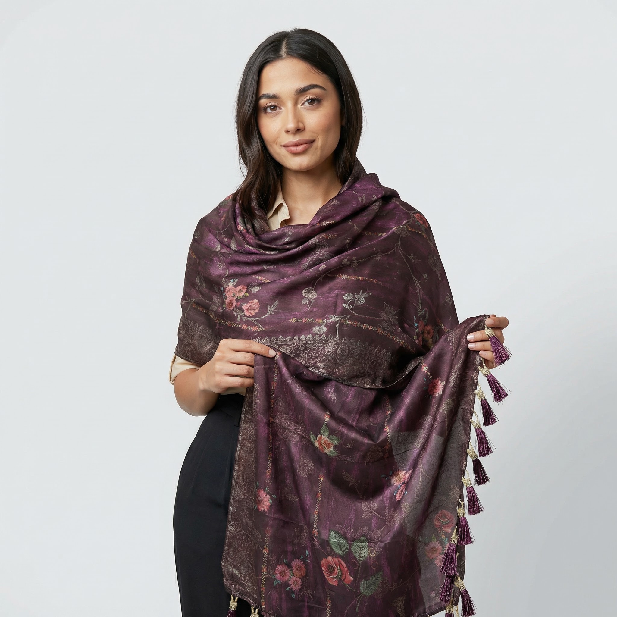 Purple Vintage Rose Print Jacquard Silk Designer Dupatta — alternate view