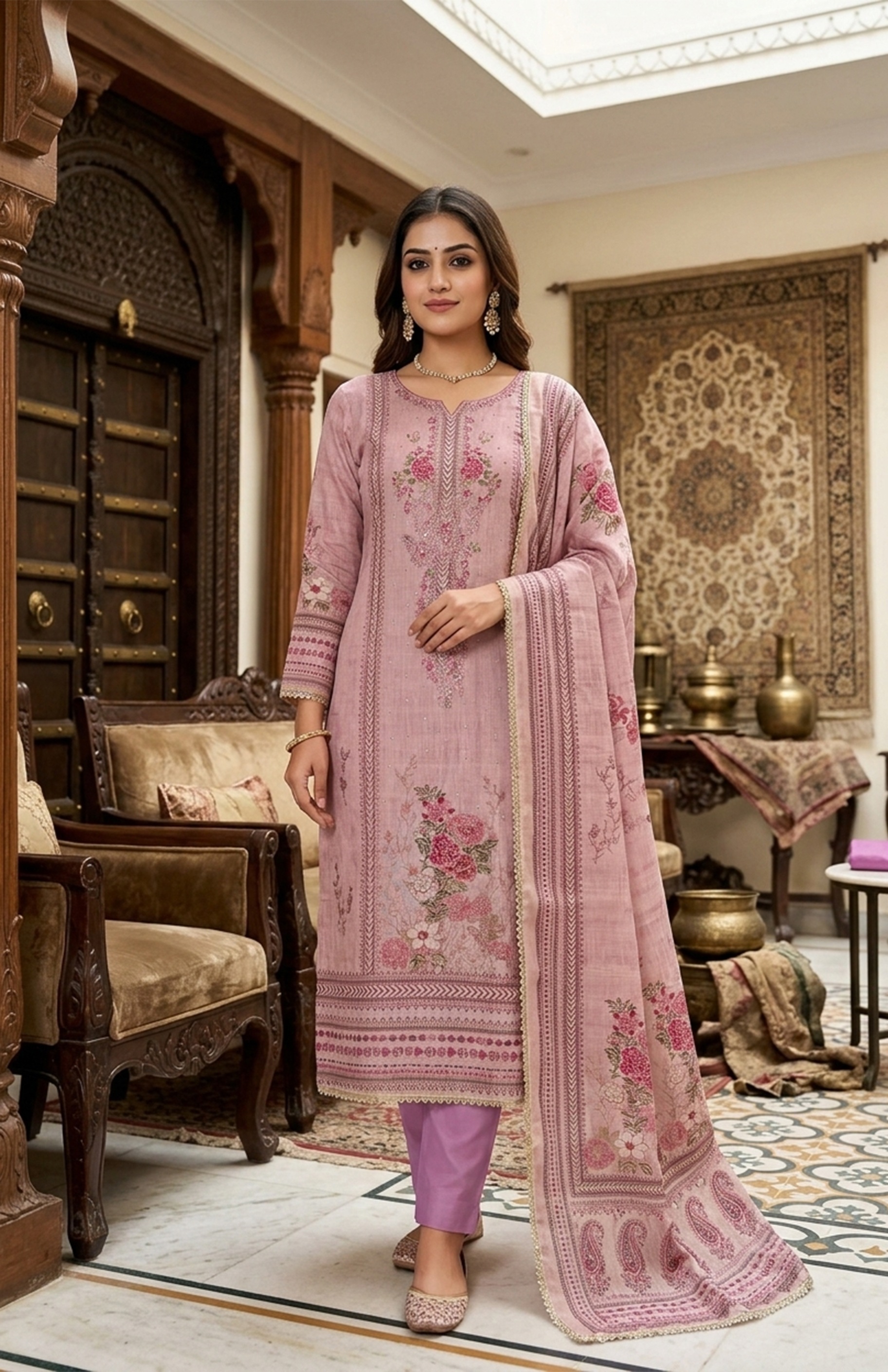 Purple Viscose Contemporary Floral Printed Straight Pant Suit