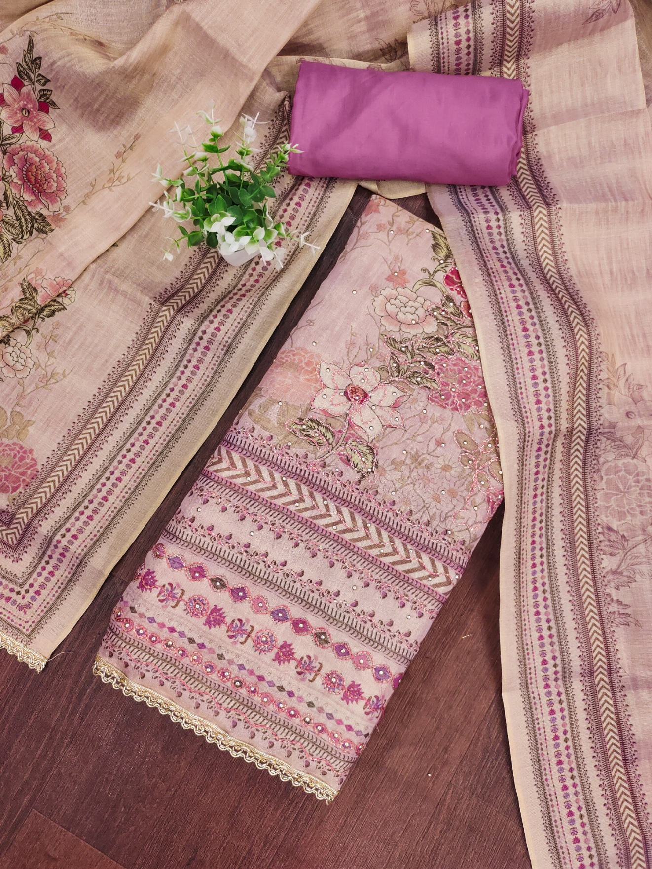 Purple Viscose Contemporary Floral Printed Straight Pant Suit
