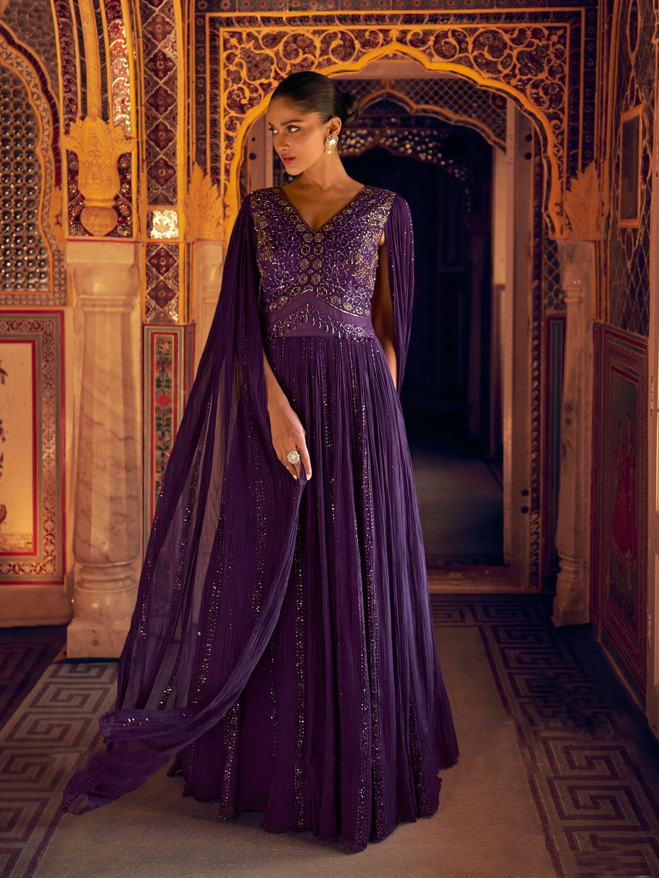 Purple Viscose Heavy Embroidered Gown