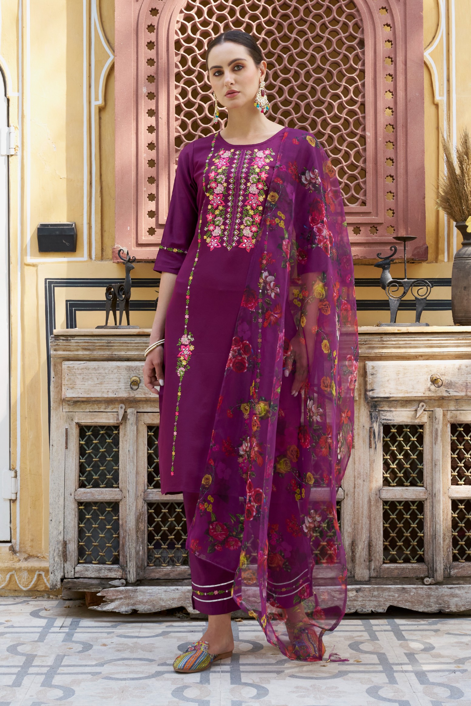 Purple Viscose Rayon Embroidered Salwar Suit