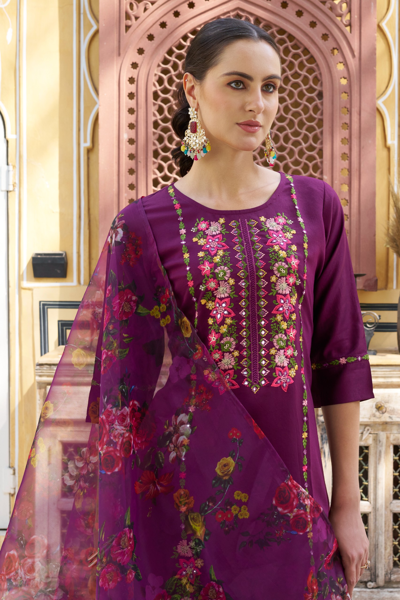 Purple Viscose Rayon Embroidered Salwar Suit