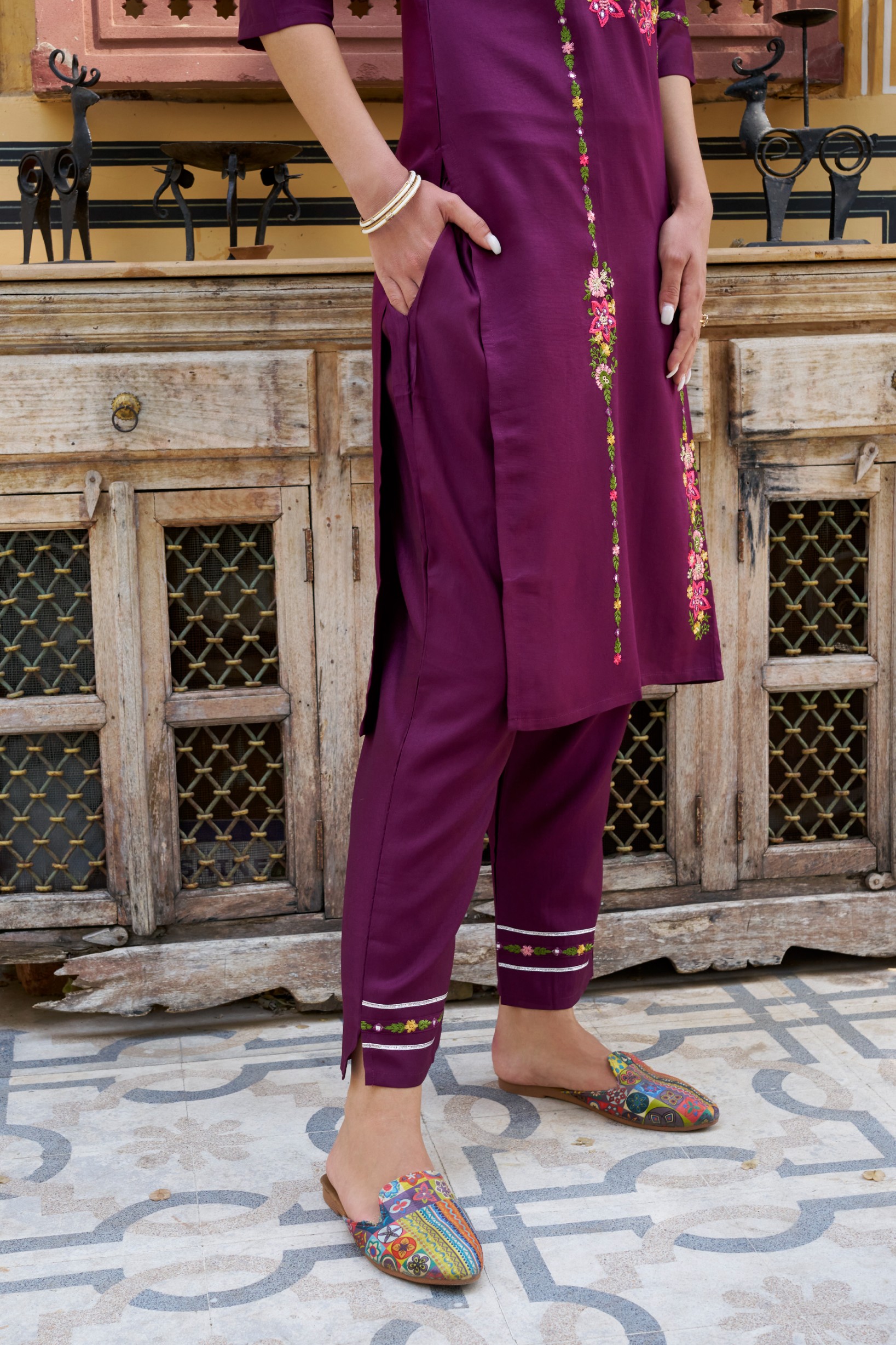 Purple Viscose Rayon Embroidered Salwar Suit