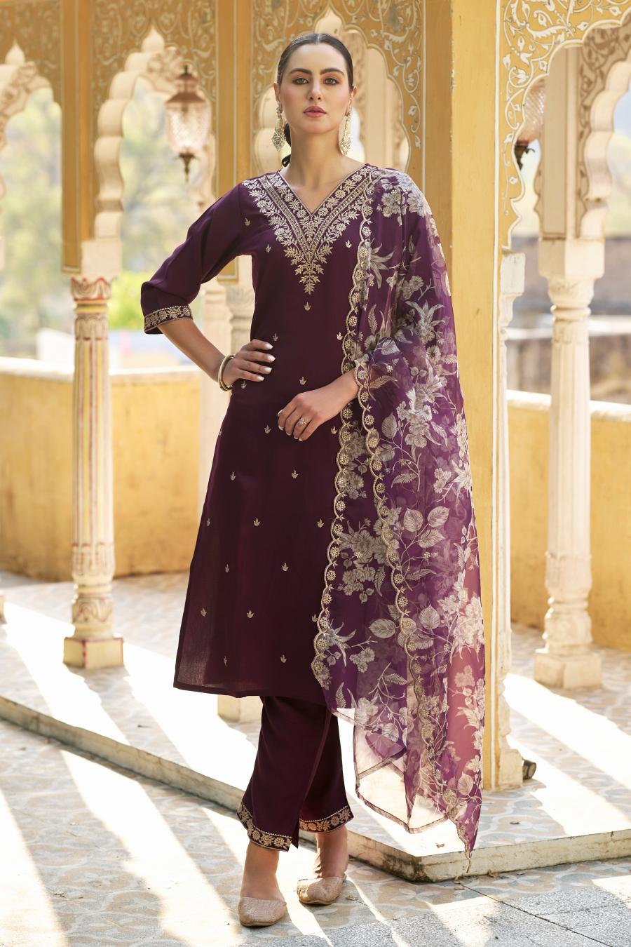 Purple Viscose Rayon Readymade Suit