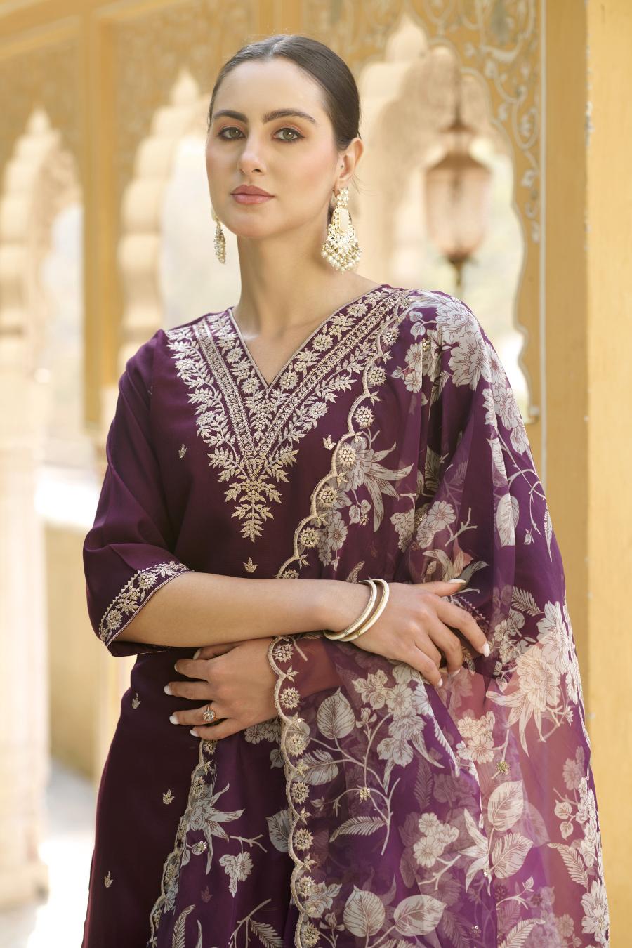 Purple Viscose Rayon Readymade Suit