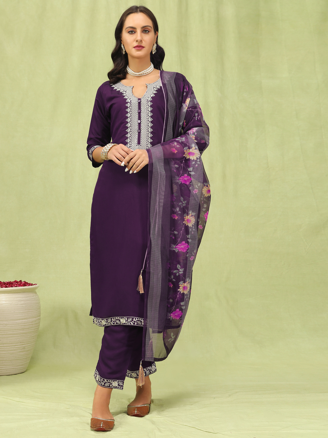 Purple Viscose Roman Silk Embroidered Salwar Suit