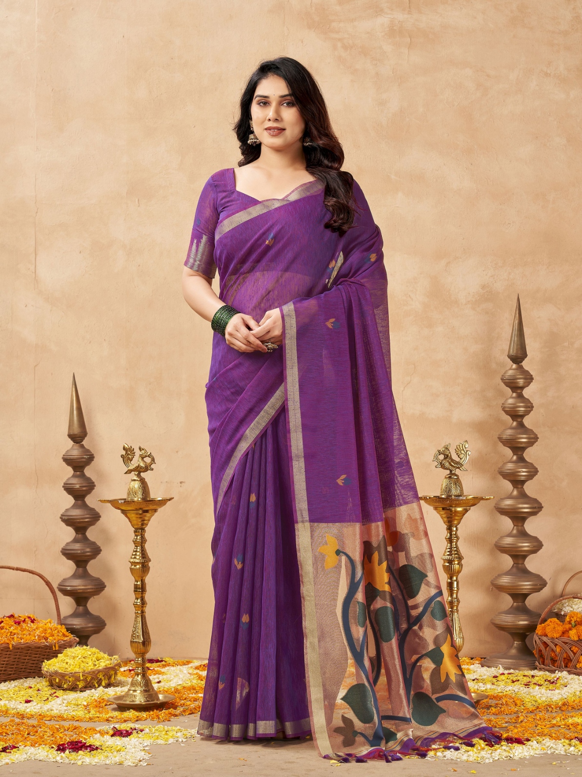 Purple Weaving Zari Designer Linen Silk Saree