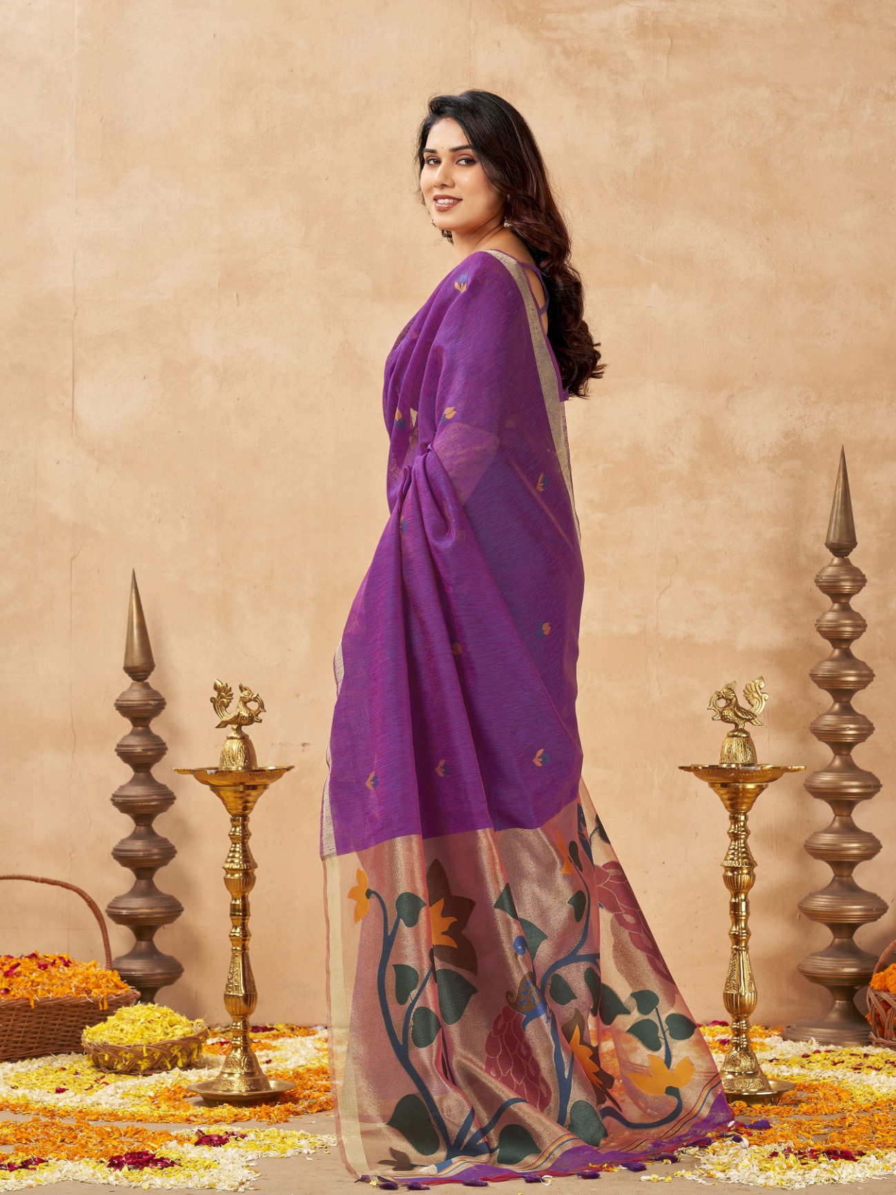 Purple Weaving Zari Designer Linen Silk Saree — alternate view