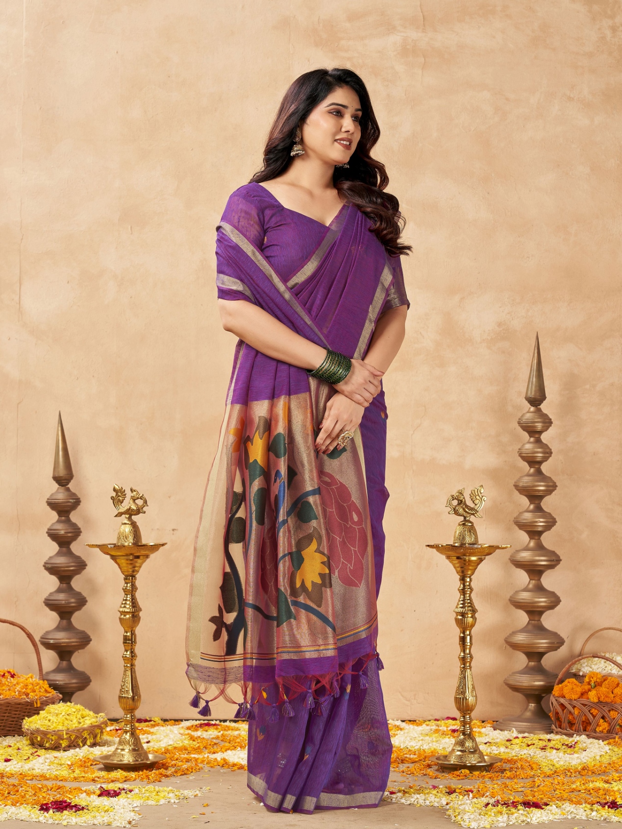 Purple Weaving Zari Designer Linen Silk Saree