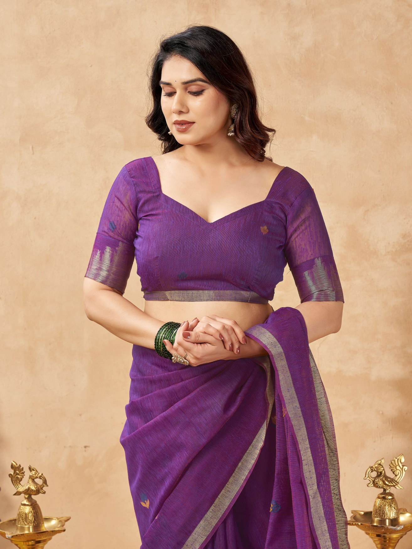 Purple Weaving Zari Designer Linen Silk Saree