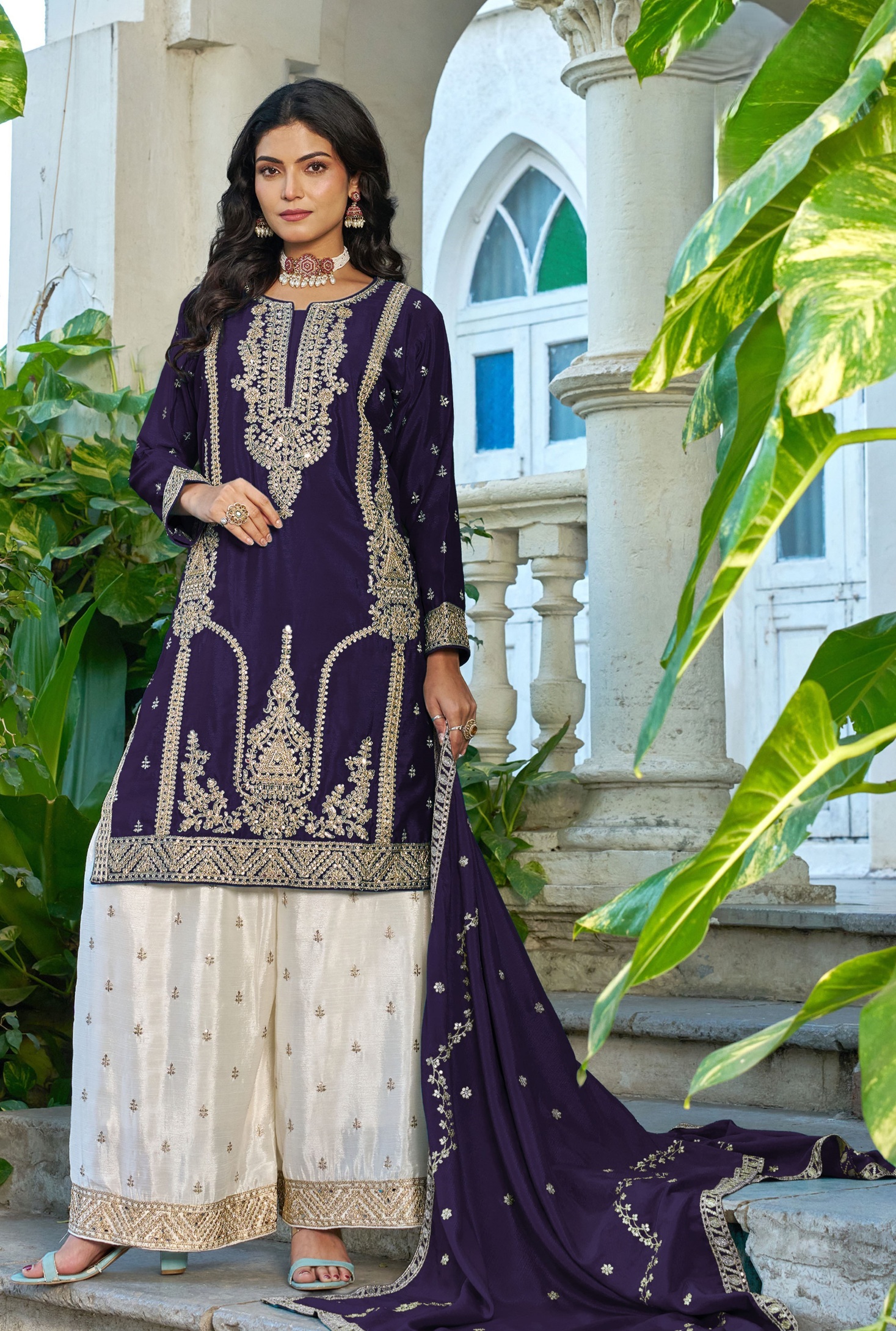Purple Wedding Wear Embroidered Palazzo Suit
