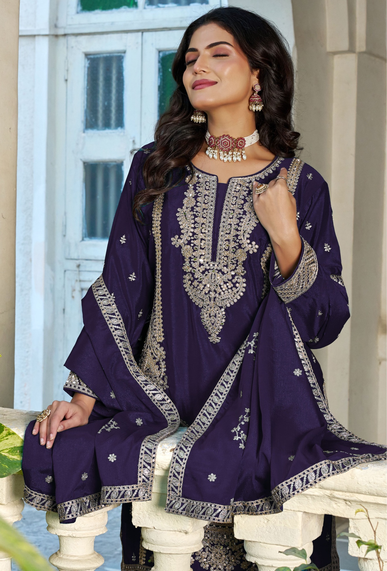 Purple Wedding Wear Embroidered Palazzo Suit — alternate view