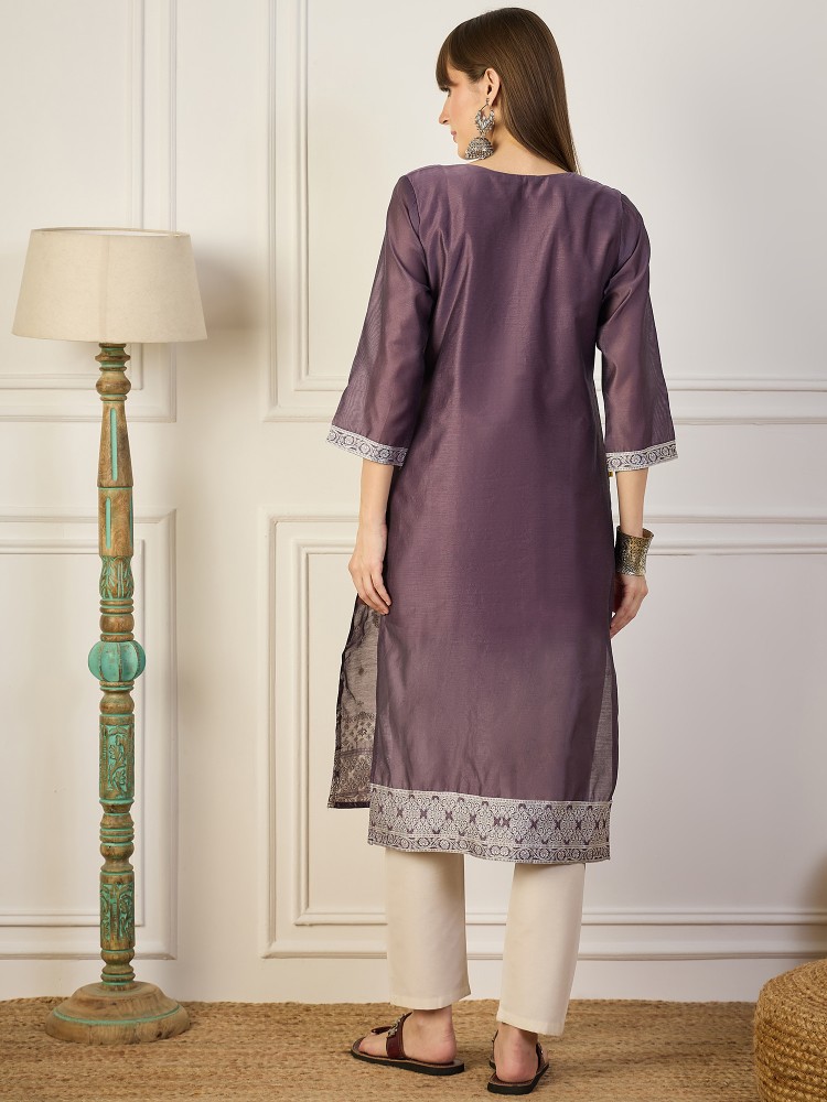 Purple Woven Designer Cotton Silk Kurti — alternate view