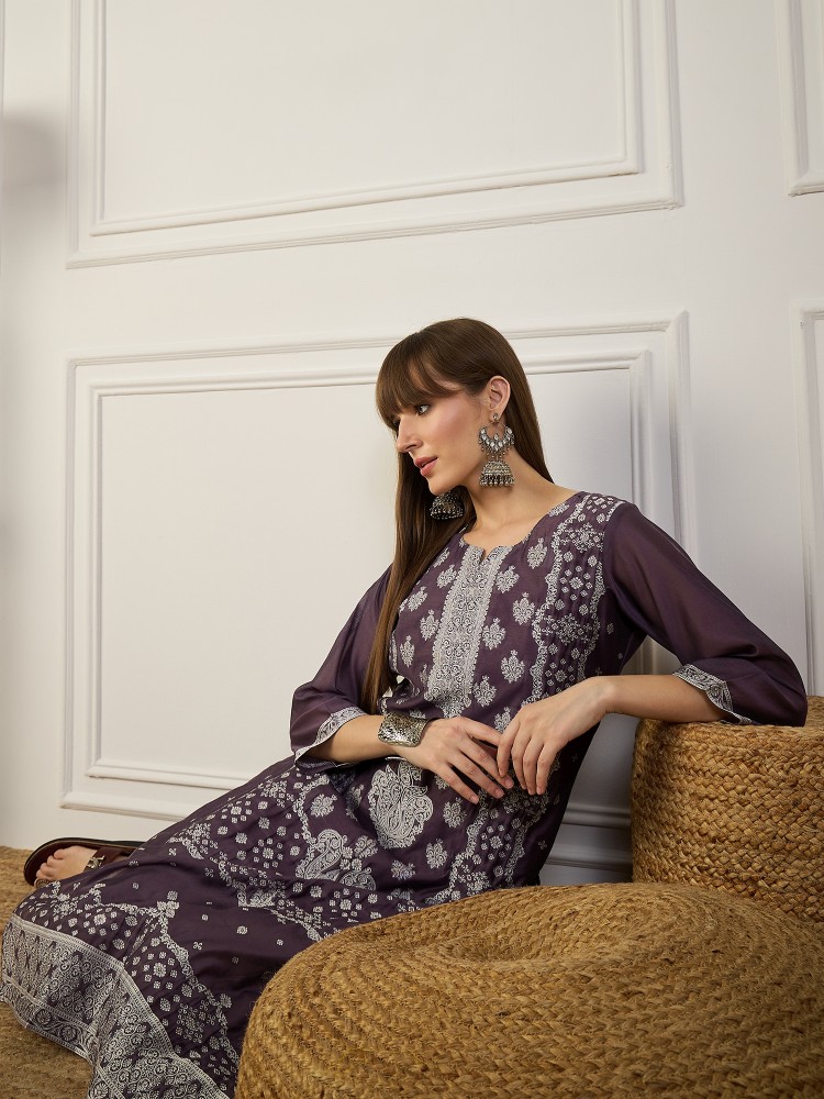 Purple Woven Designer Cotton Silk Kurti