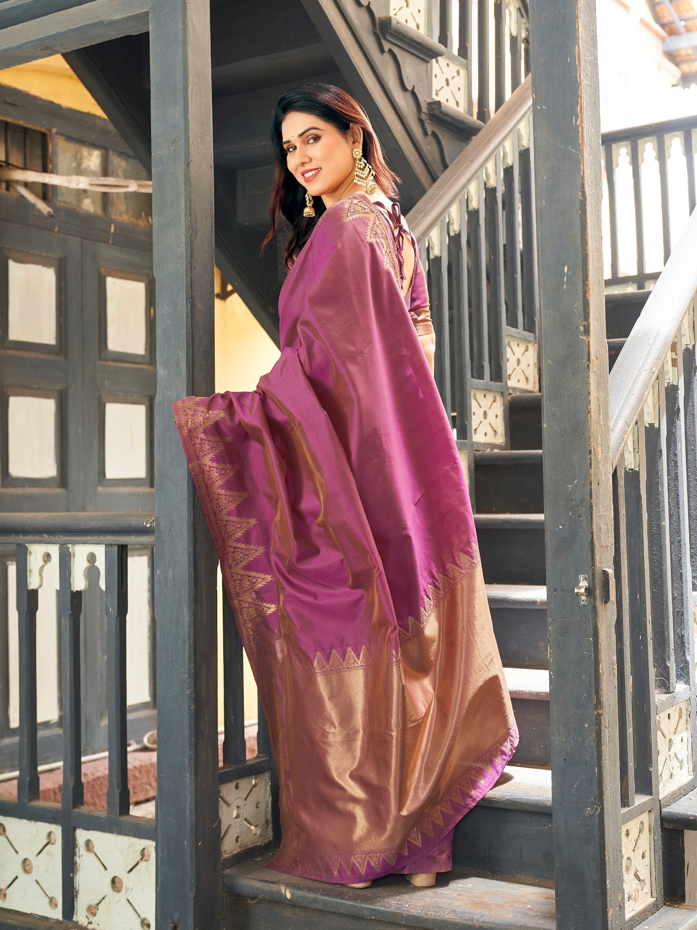 Purple Woven Gold Zari Banarasi Raw Silk Saree — alternate view