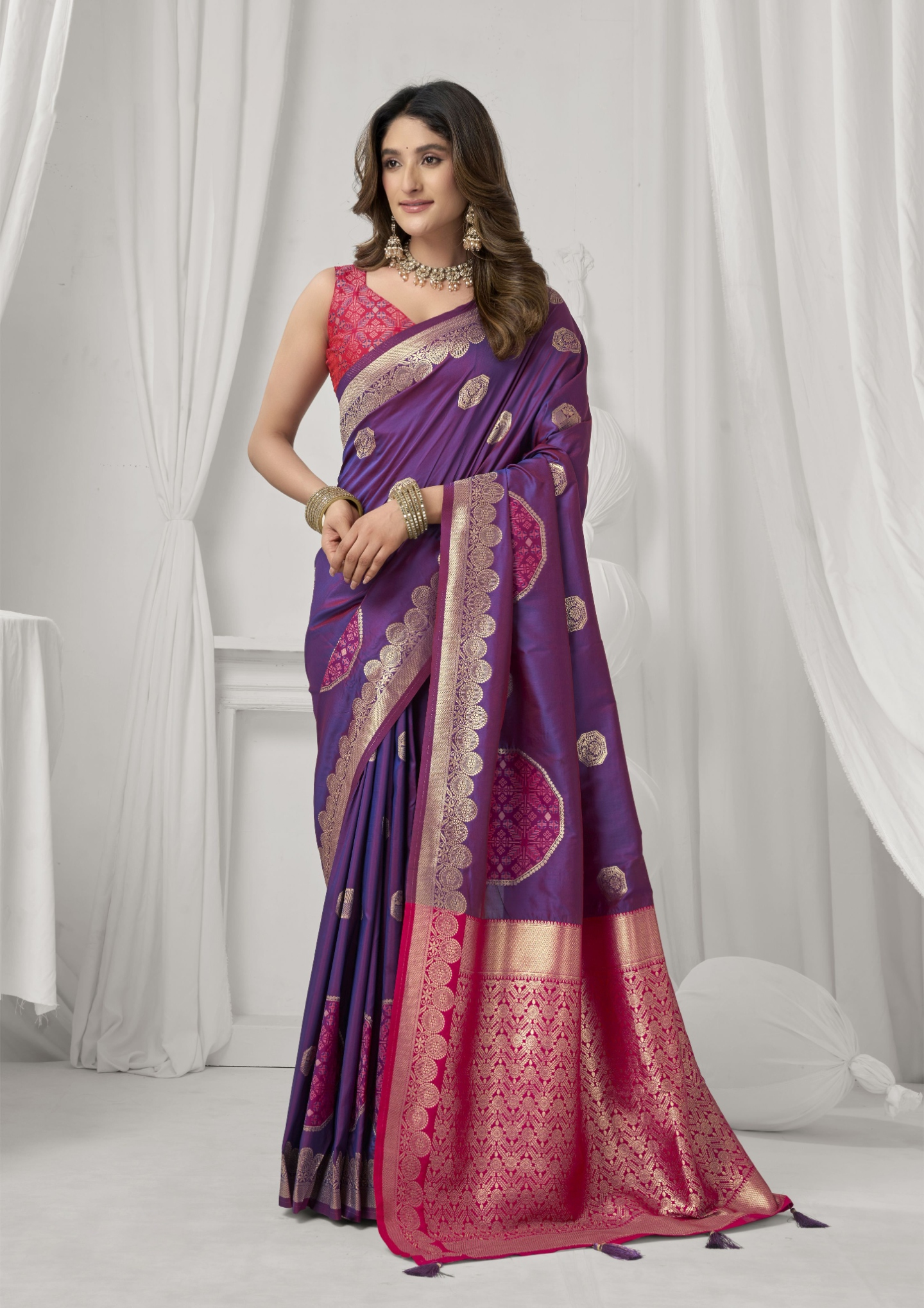 Purple Woven Jacquard Soft Silk Saree