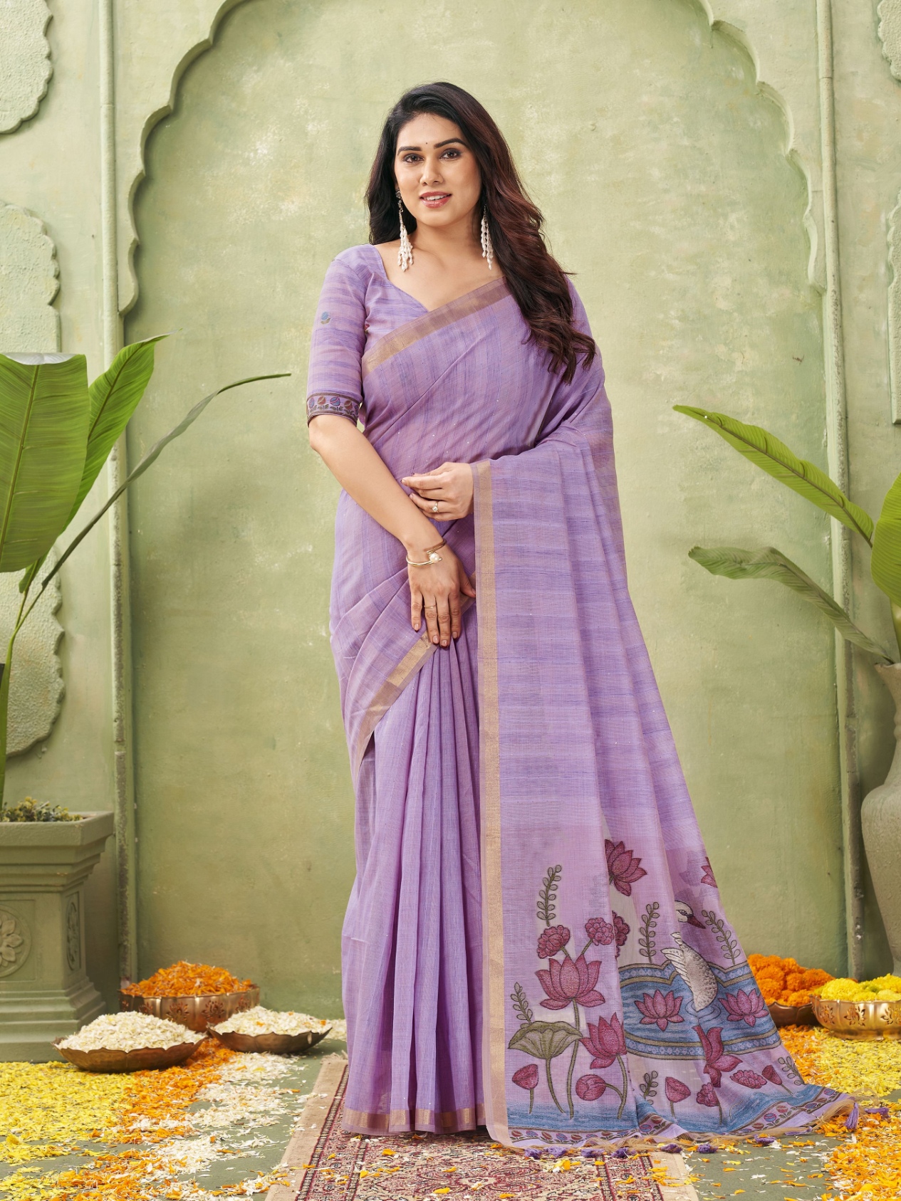 Purple Woven Swan Lotus Designer Ghicha Cotton Saree