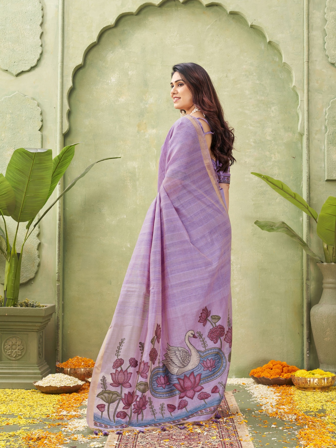 Purple Woven Swan Lotus Designer Ghicha Cotton Saree — alternate view