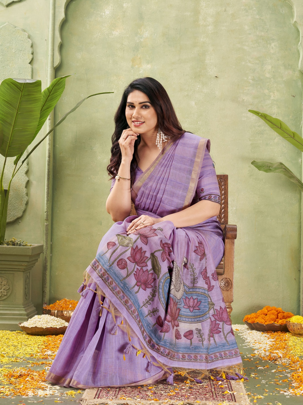 Purple Woven Swan Lotus Designer Ghicha Cotton Saree