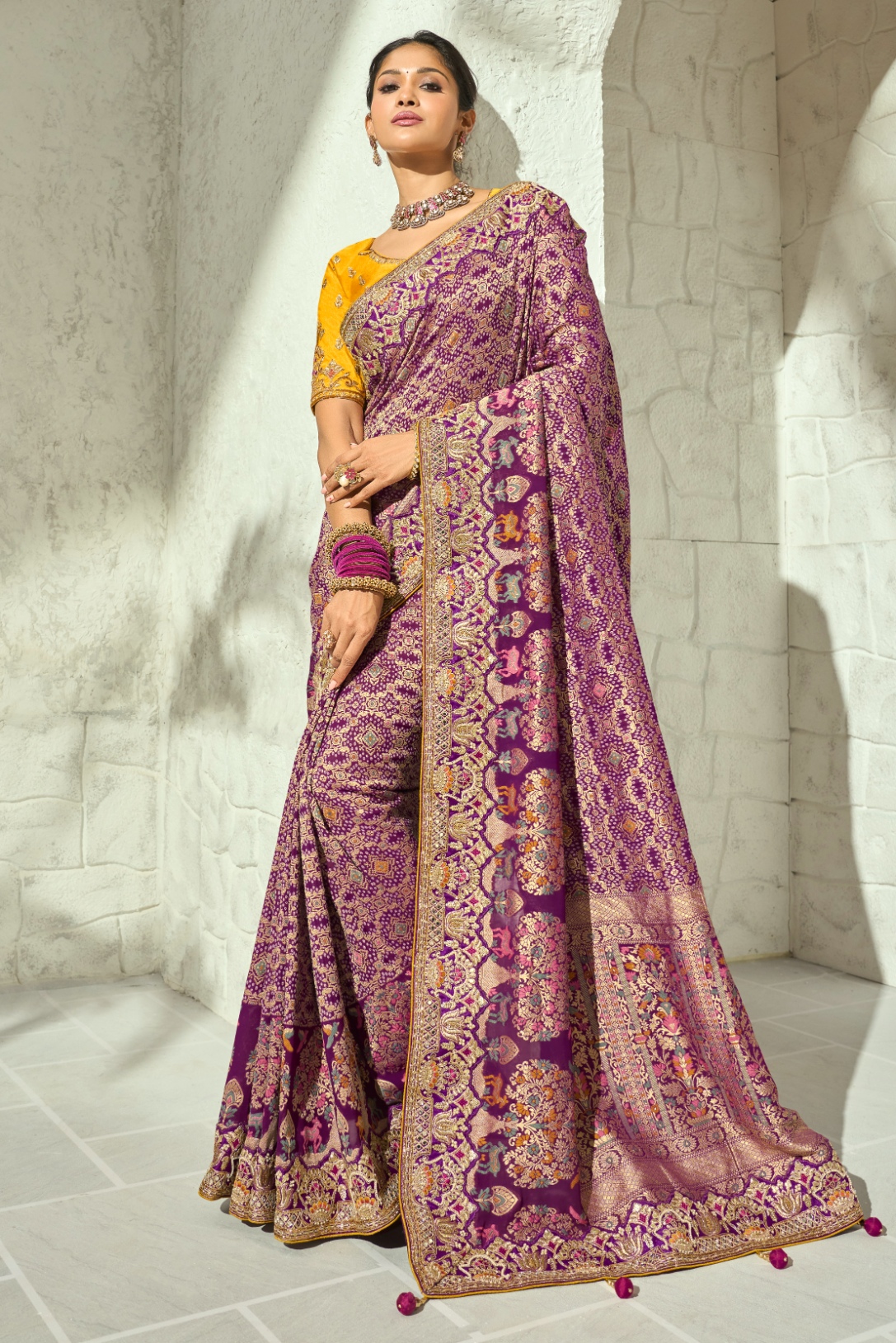 Purple Yellow Bandhej Moti Work Georgette Saree