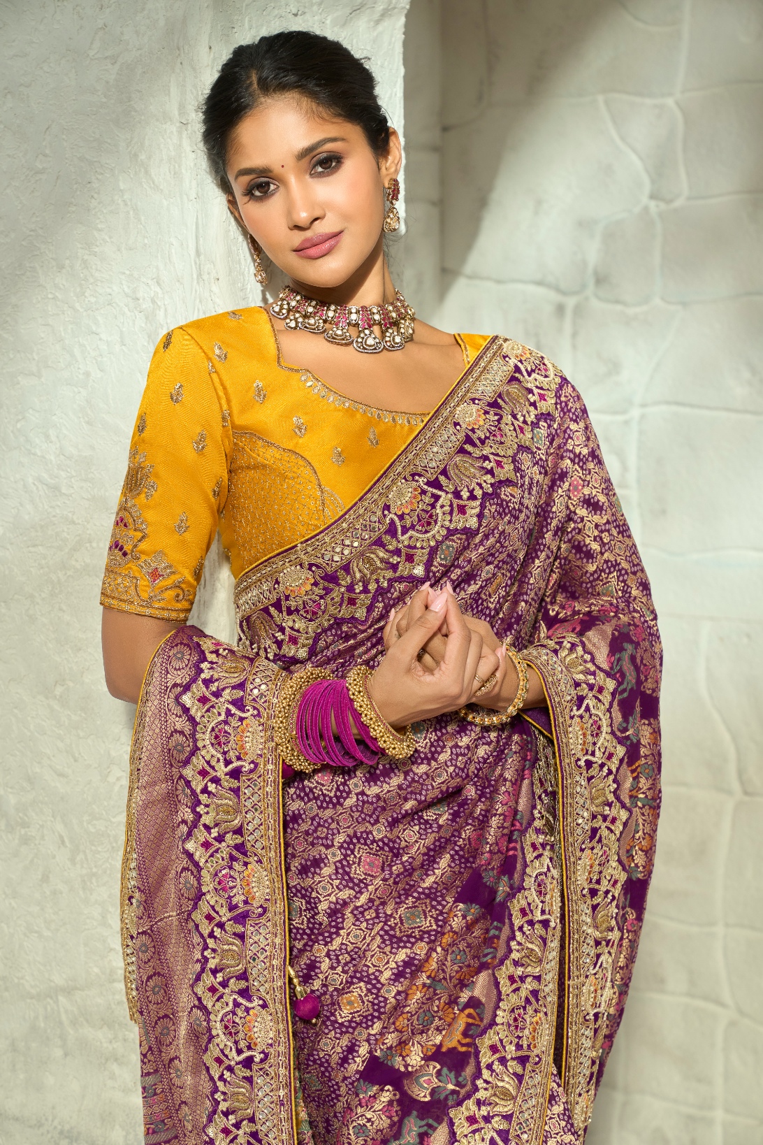 Purple Yellow Bandhej Moti Work Georgette Saree