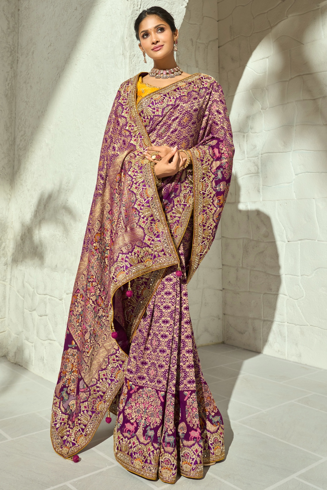 Purple Yellow Bandhej Moti Work Georgette Saree