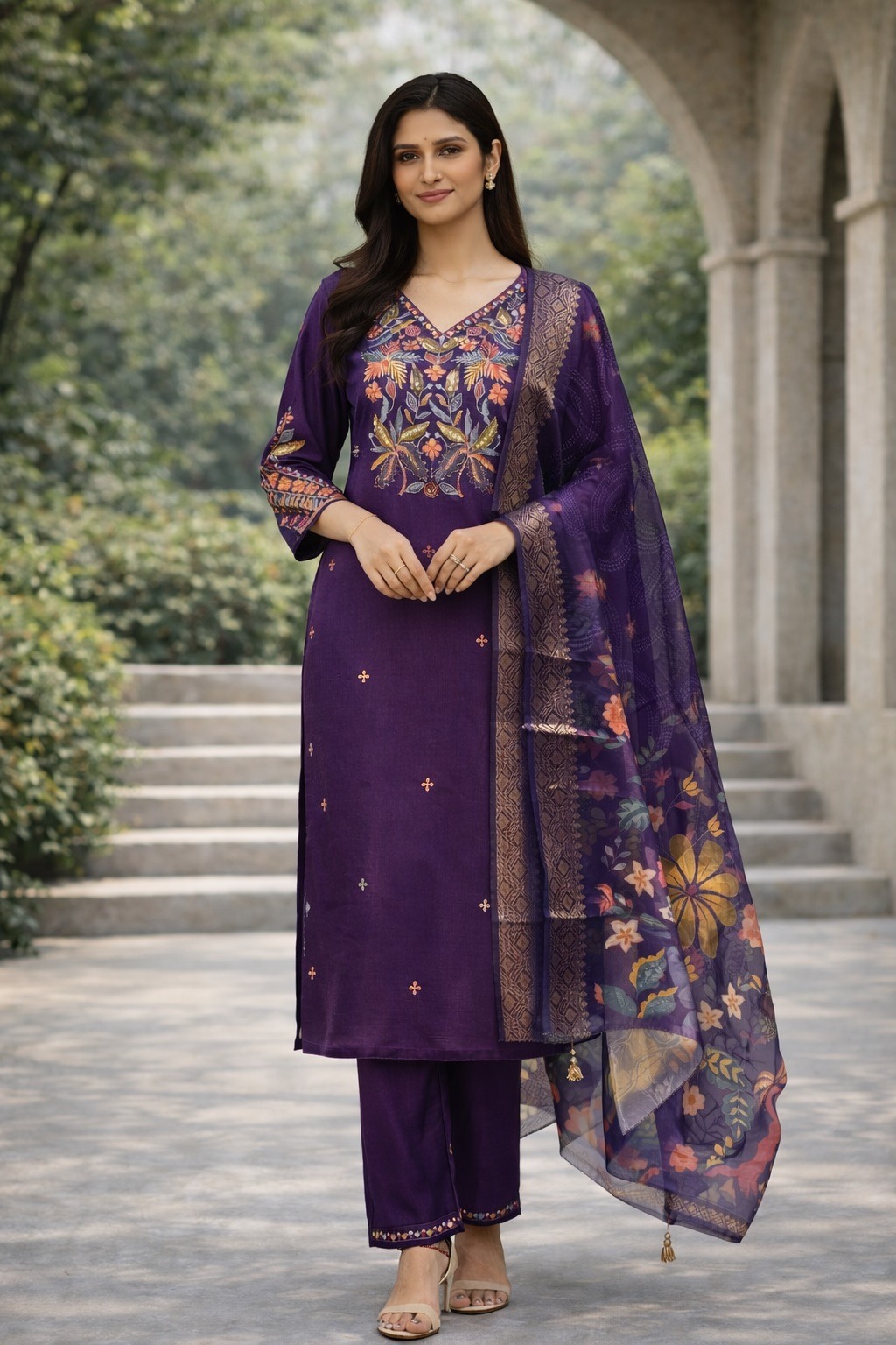 Purple Yoke Embroidered A-Line Salwar Suit