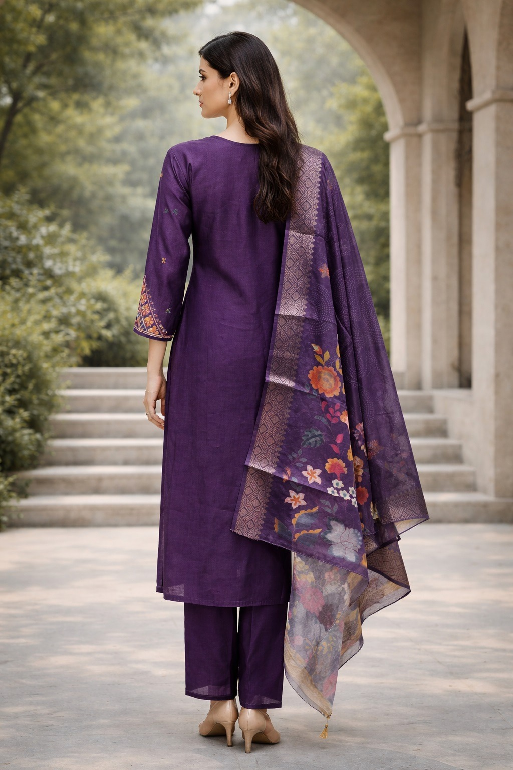 Purple Yoke Embroidered A-Line Salwar Suit — alternate view