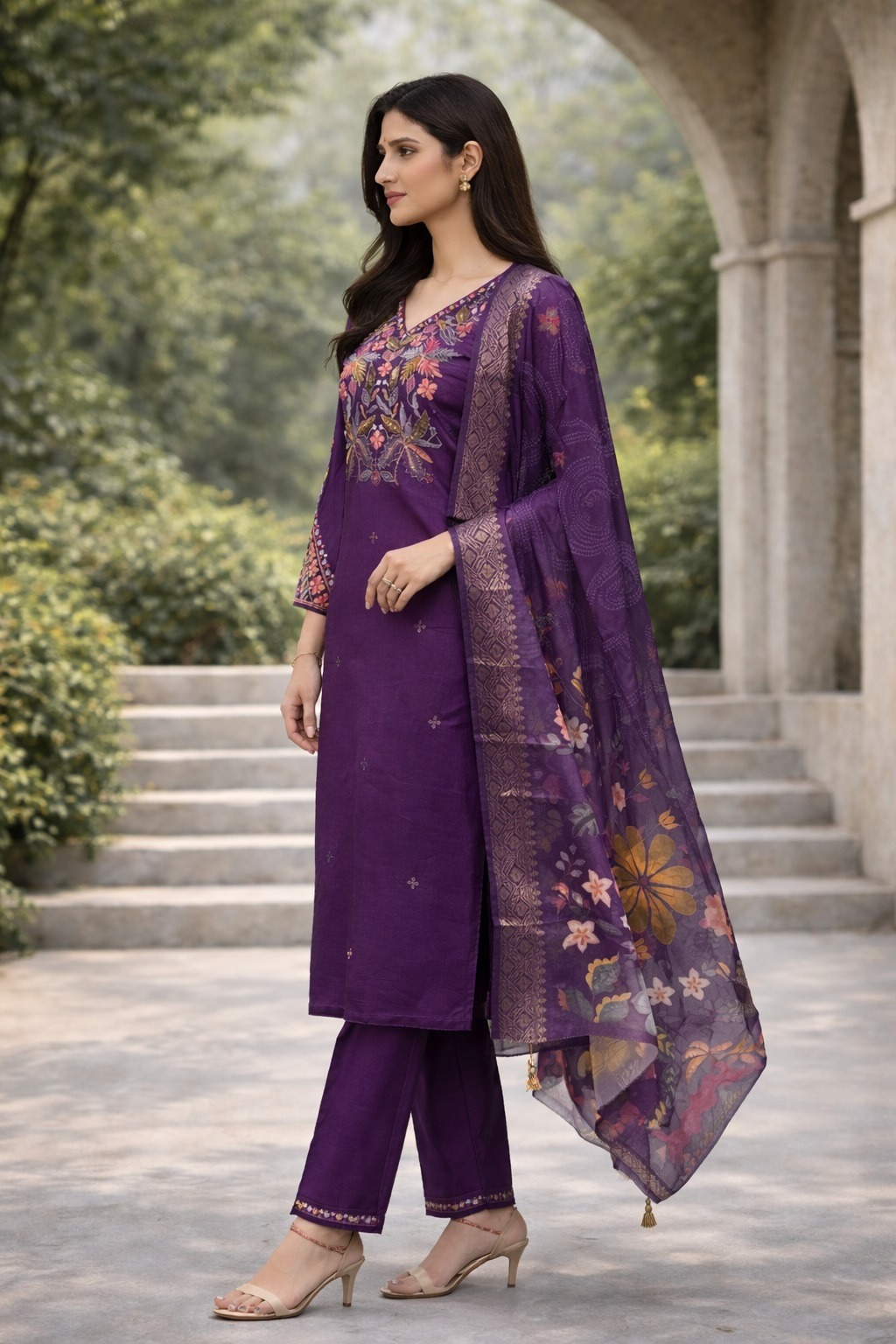 Purple Yoke Embroidered A-Line Salwar Suit