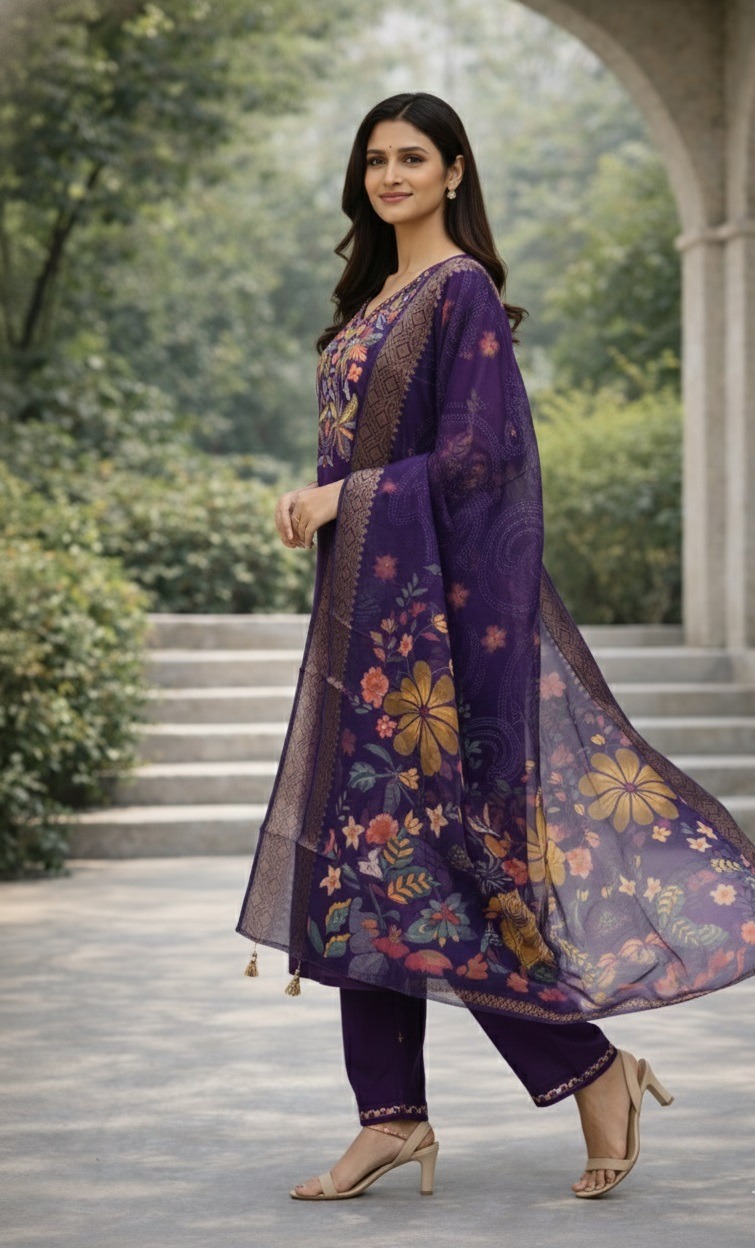 Purple Yoke Embroidered A-Line Salwar Suit