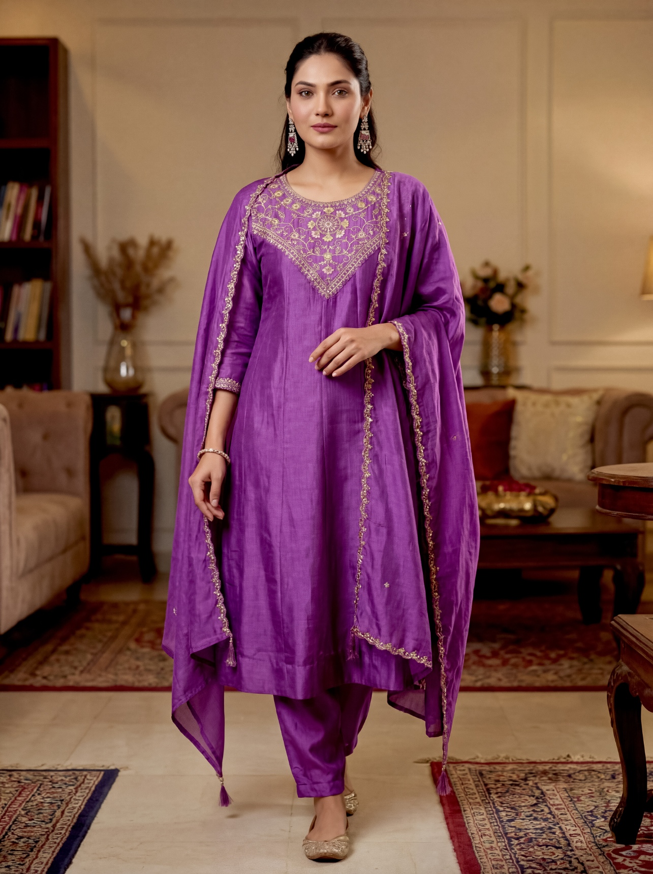 Purple Yoke Embroidery Vichitra Silk Salwar Suit