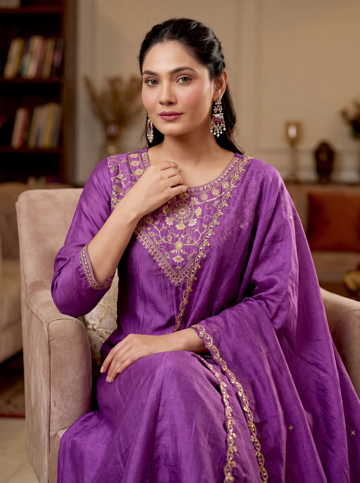 Purple Yoke Embroidery Vichitra Silk Salwar Suit