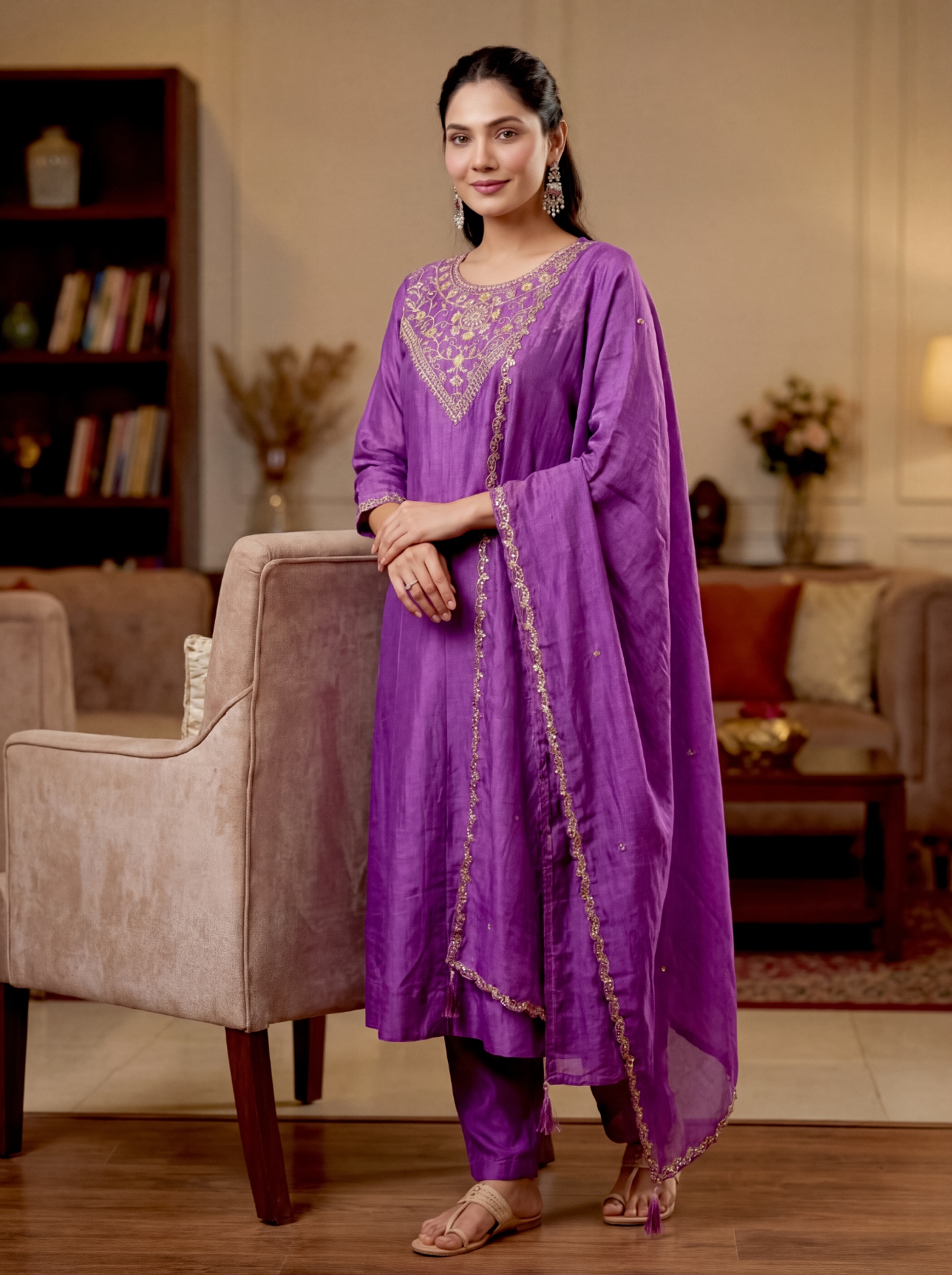 Purple Yoke Embroidery Vichitra Silk Salwar Suit